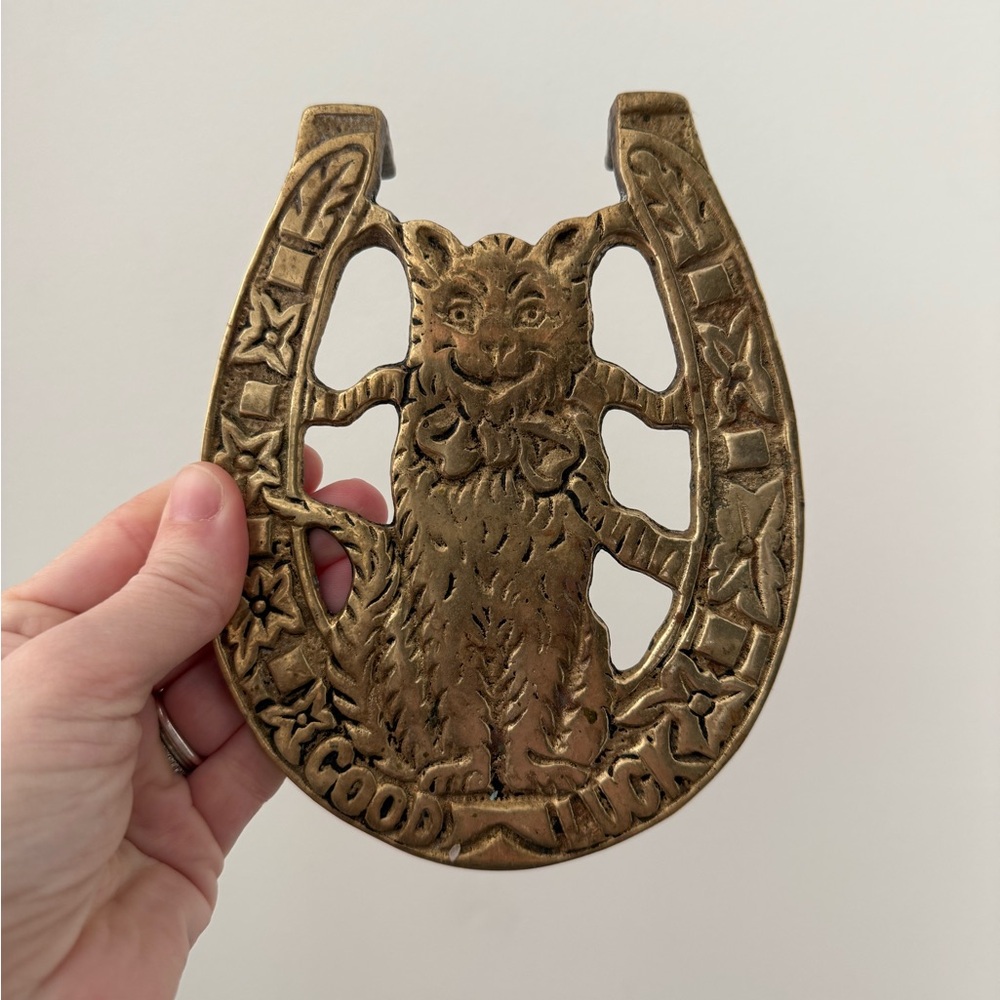Vintage Brass Good Luck Cat Trivet